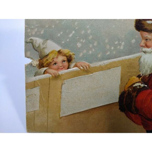 Christmas Postcard Santa Claus With Sack Of Toys Girl Behind Fence Chicago 1908 - Picture 3 of 5